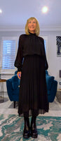 Zena Pleated Midi Dress – High Neck with Gold Button Detail