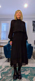 Zena Pleated Midi Dress – High Neck with Gold Button Detail