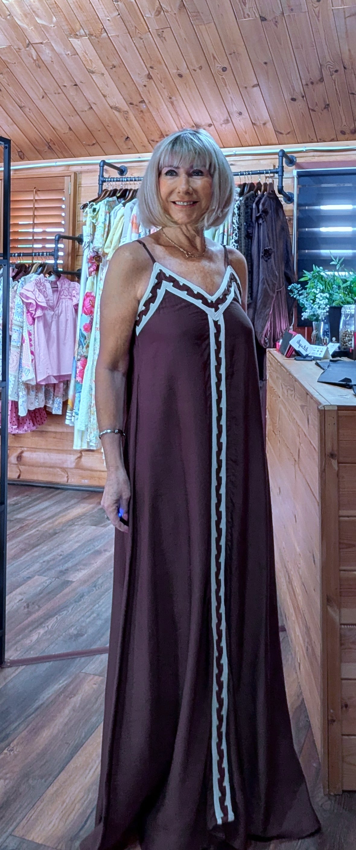 Brown boho maxi dress with contrast trim detail
