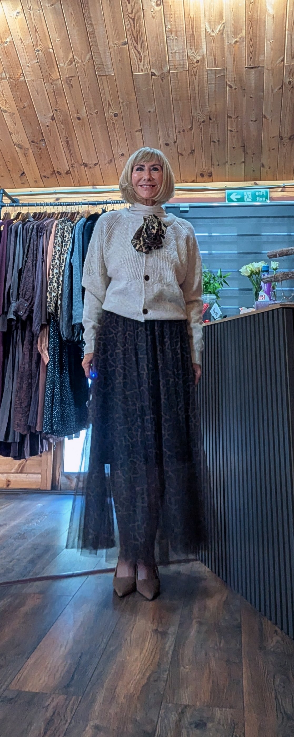 Georgina button front knit cardigan with leopard scarf detail worn with Tabitha Tulle skirt in leopard print