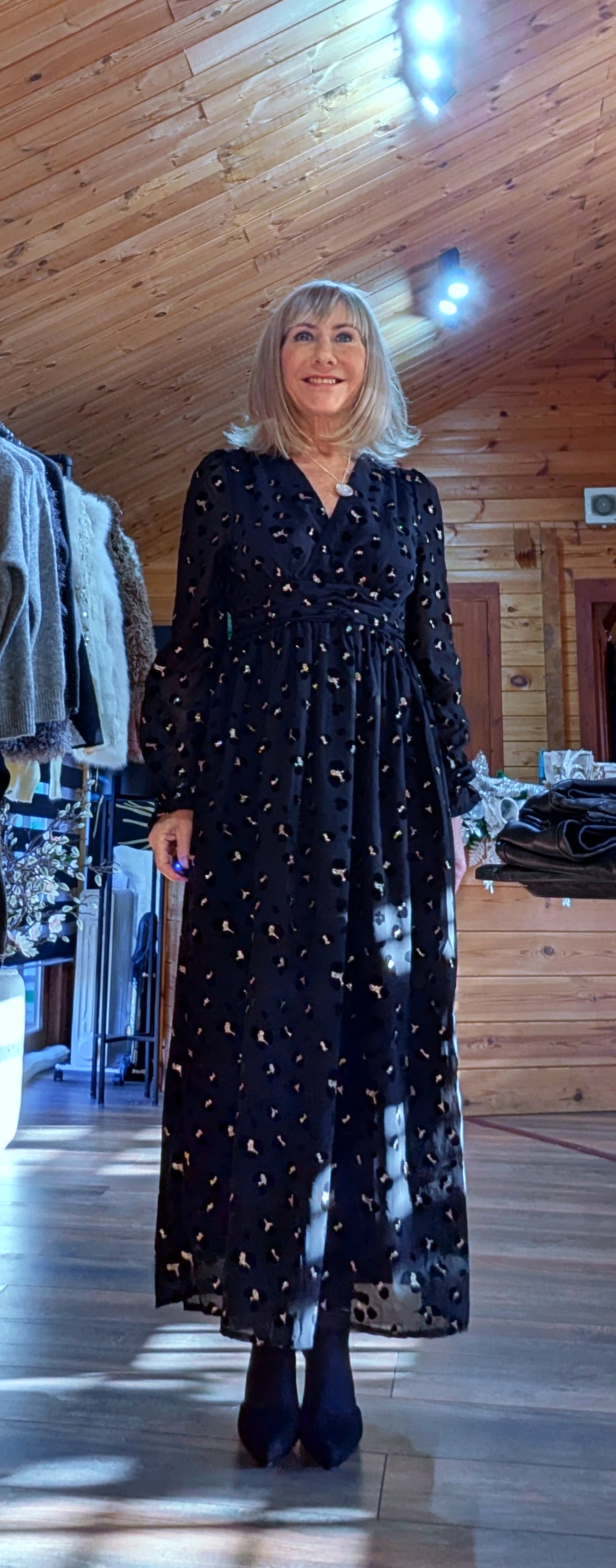 Lillie Black and Gold Sequin Velvet Dress – Leopard Print, Fully Lined