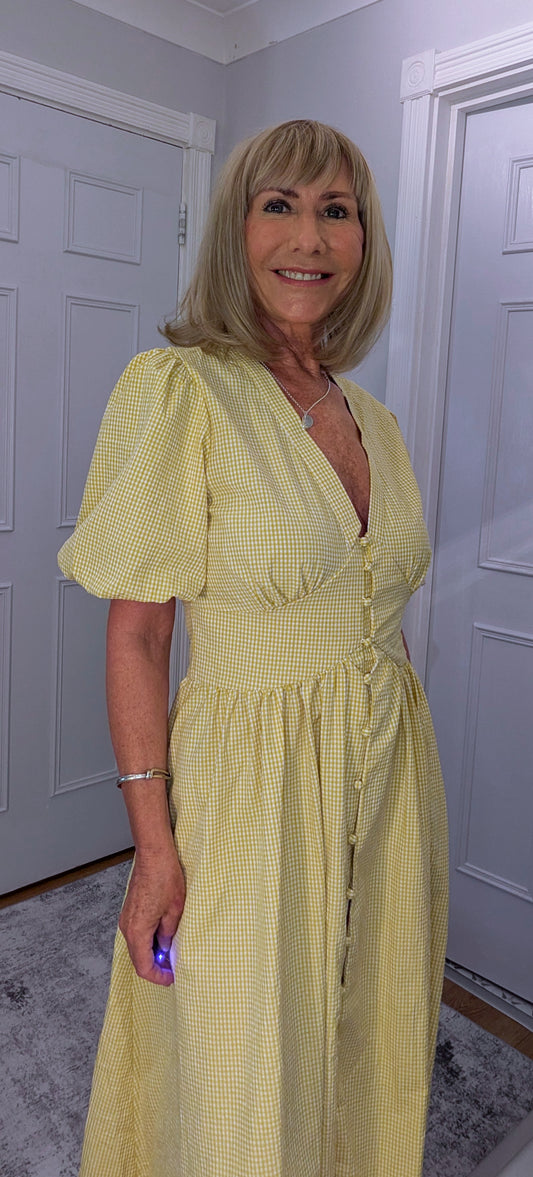 Bethany Yellow Gingham Cottage Core  Midi Dress