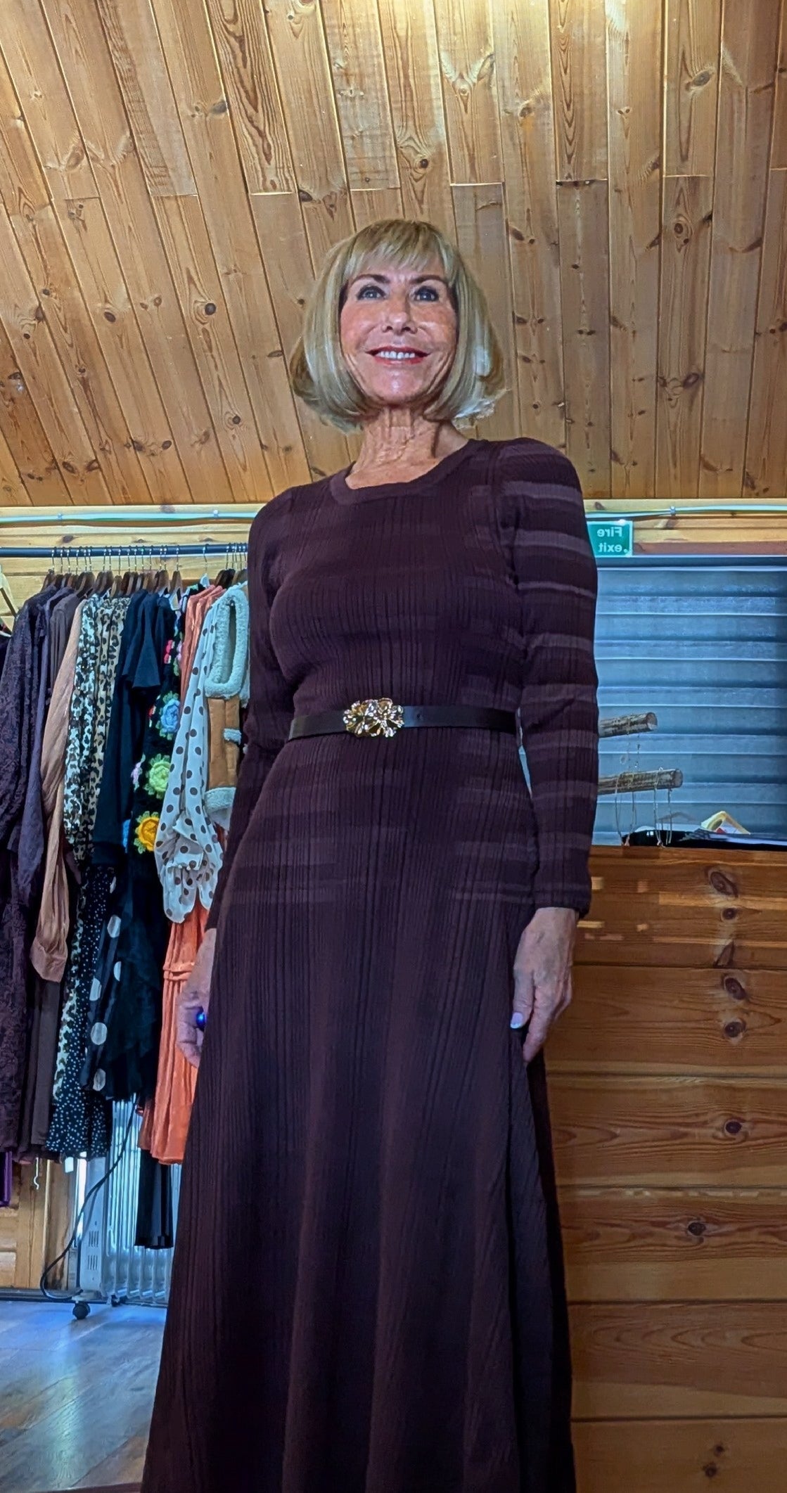 Leonie chocolate  belted midi dress with long sleeves and lace hem
