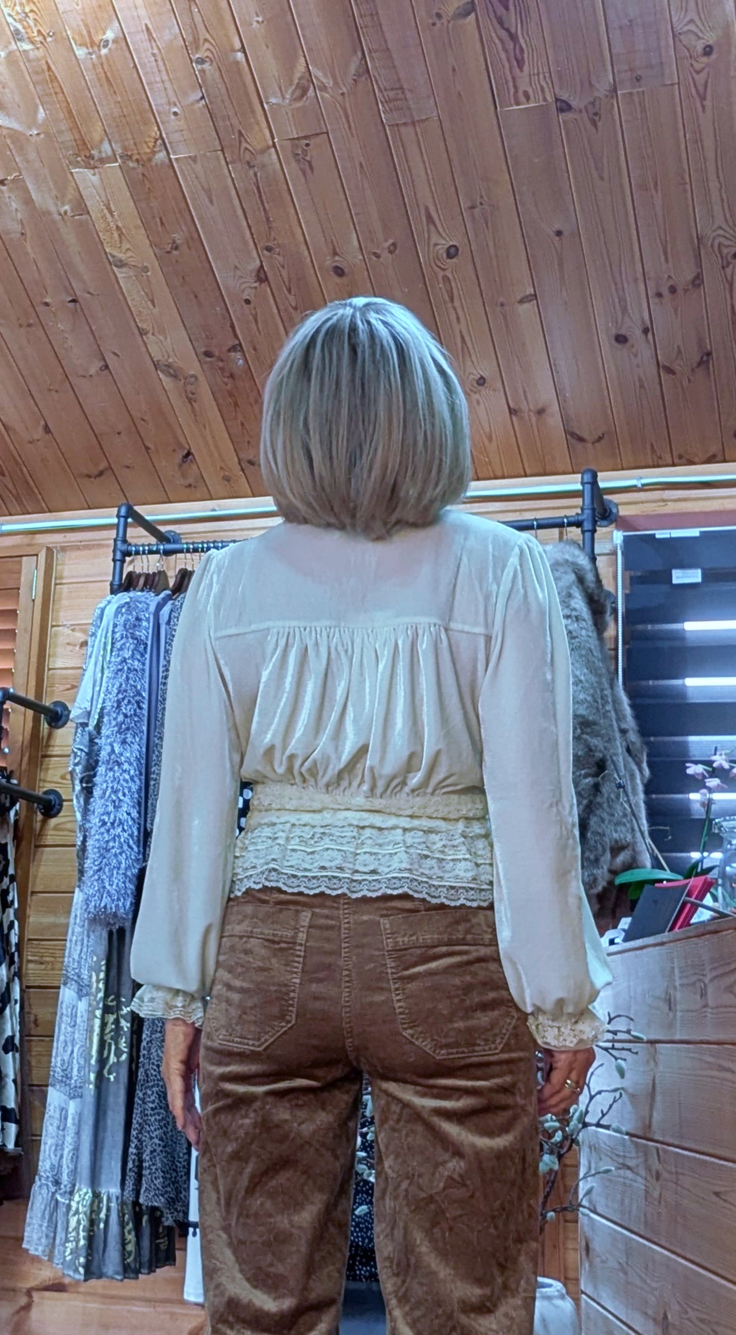 Vixen Cream Velvet Blouse –  Lace Tailored Waist