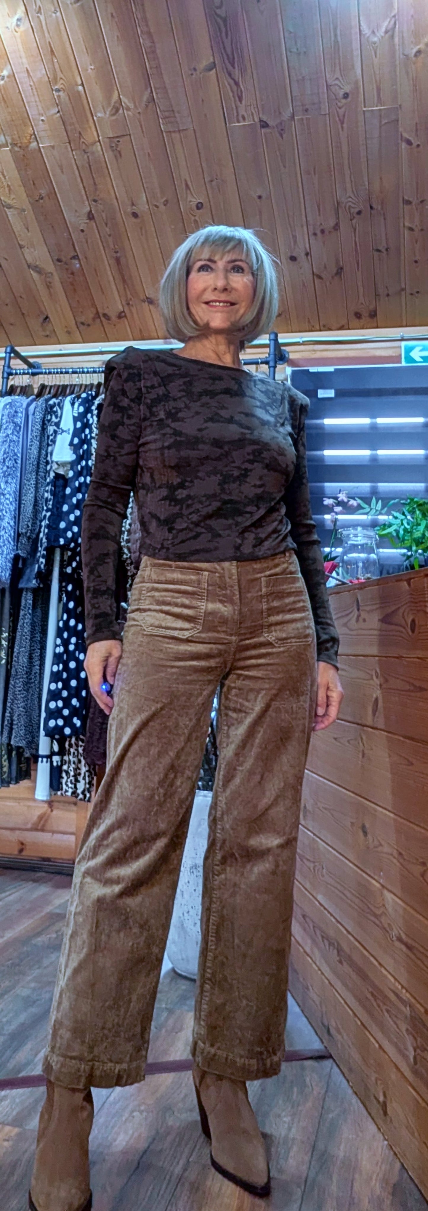 Madeline Lurex Tie-Dye Top – Warm Chocolate with Shoulder Pads