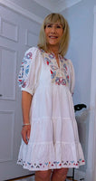 Bo Smocked Linen Cotton Dress – White with Pink & Blue Embroidery