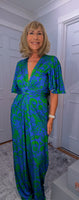 Justina Tropical Green - Fuchsia -Angel Sleeve Maxi Jumpsuit with Twist Detail