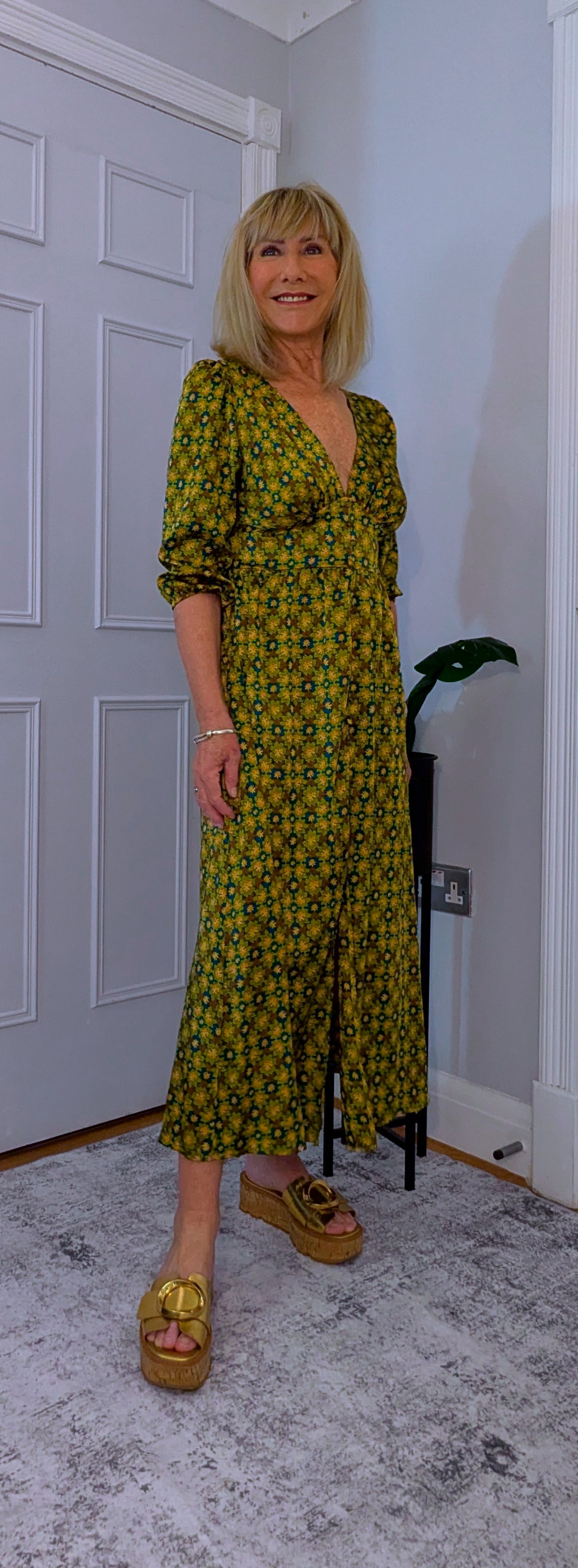 Allegra  Midi Dress in Olive Green and Gold With Tie Back