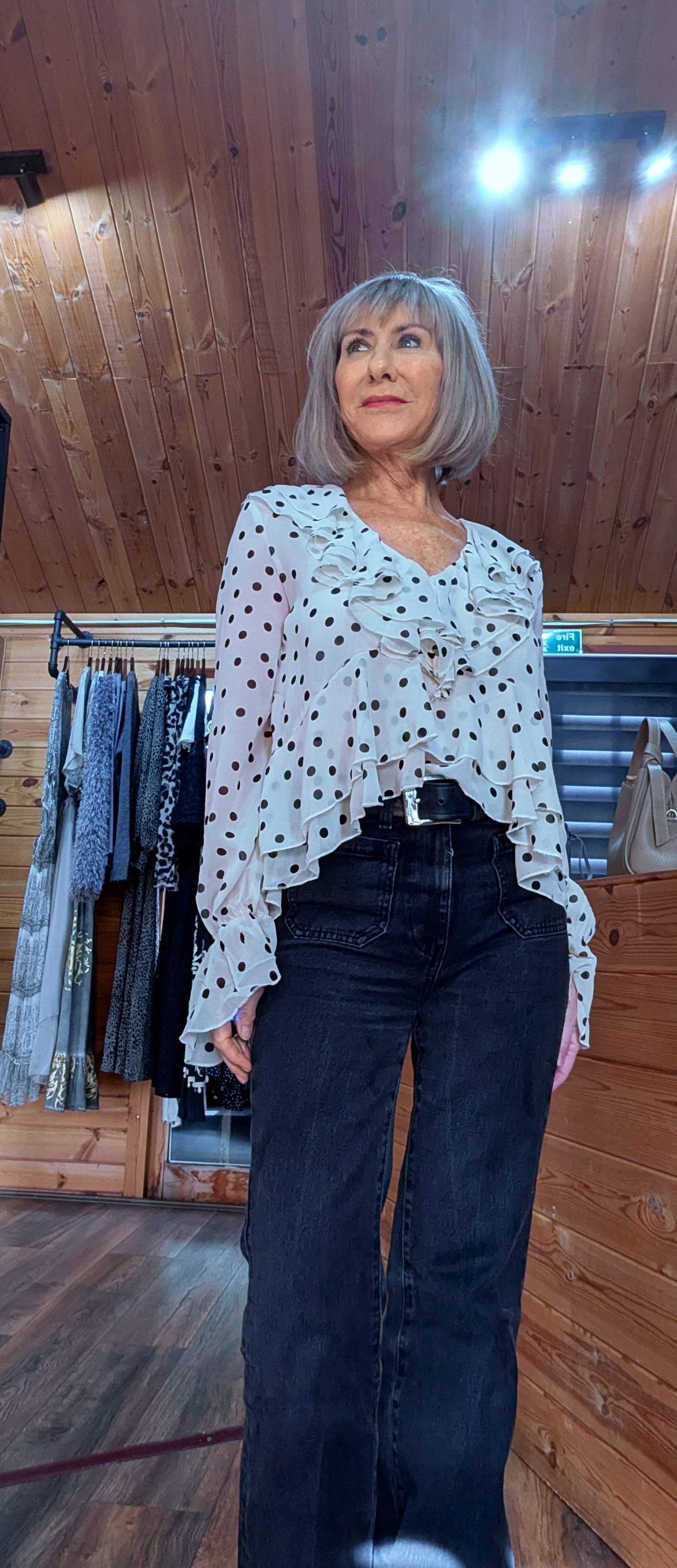 River Statement Frilled Blouse - Ivory with Black Polka Dots