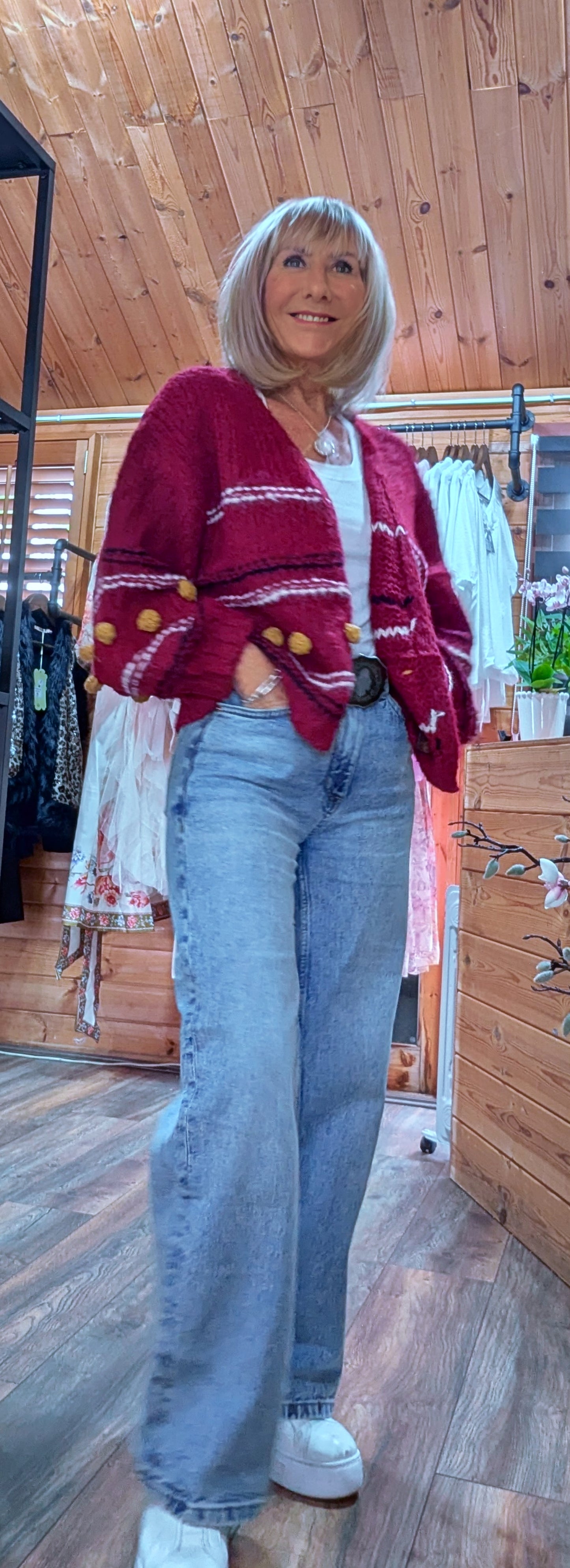 Pansy Chunky Cardigan – Deep Red with Balloon Sleeves- Mustard Bobbles