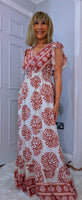 Nolan Boho Maxi Dress –Pink & Ecru, Flutter Sleeves, Elasticated Waist