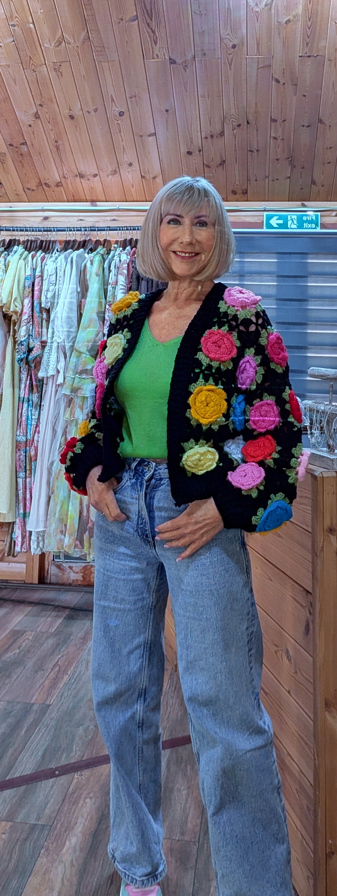 Colourful 3D flower cardigan styled with denim styled by ditsydi