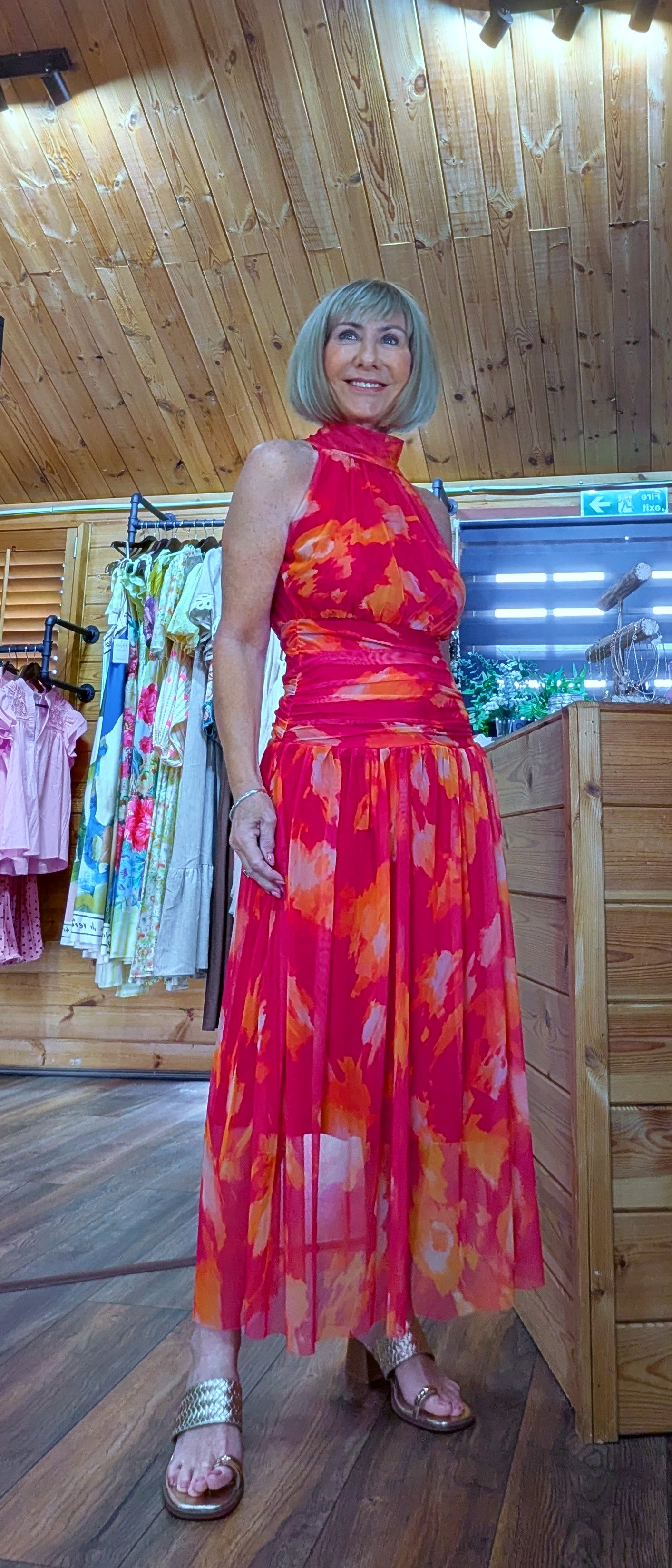 Natasha red floral halter maxi dress with rear neck tie