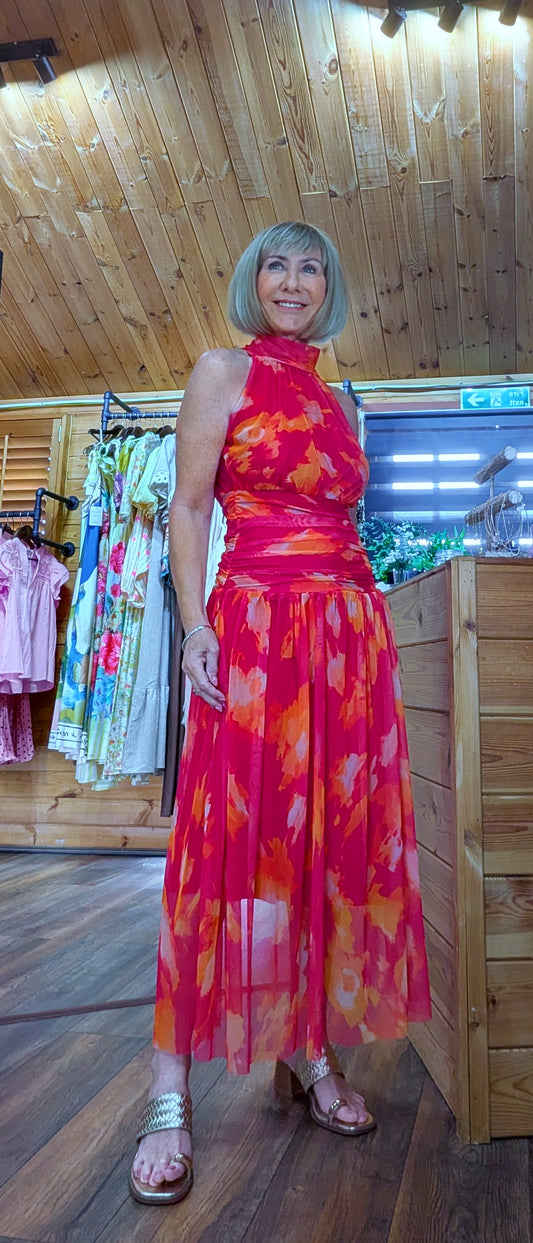 Natasha red floral halter maxi dress with rear neck tie