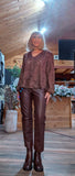 Avril Light Chocolate Embossed Blouse – V-Neck & Elasticated Cuffs