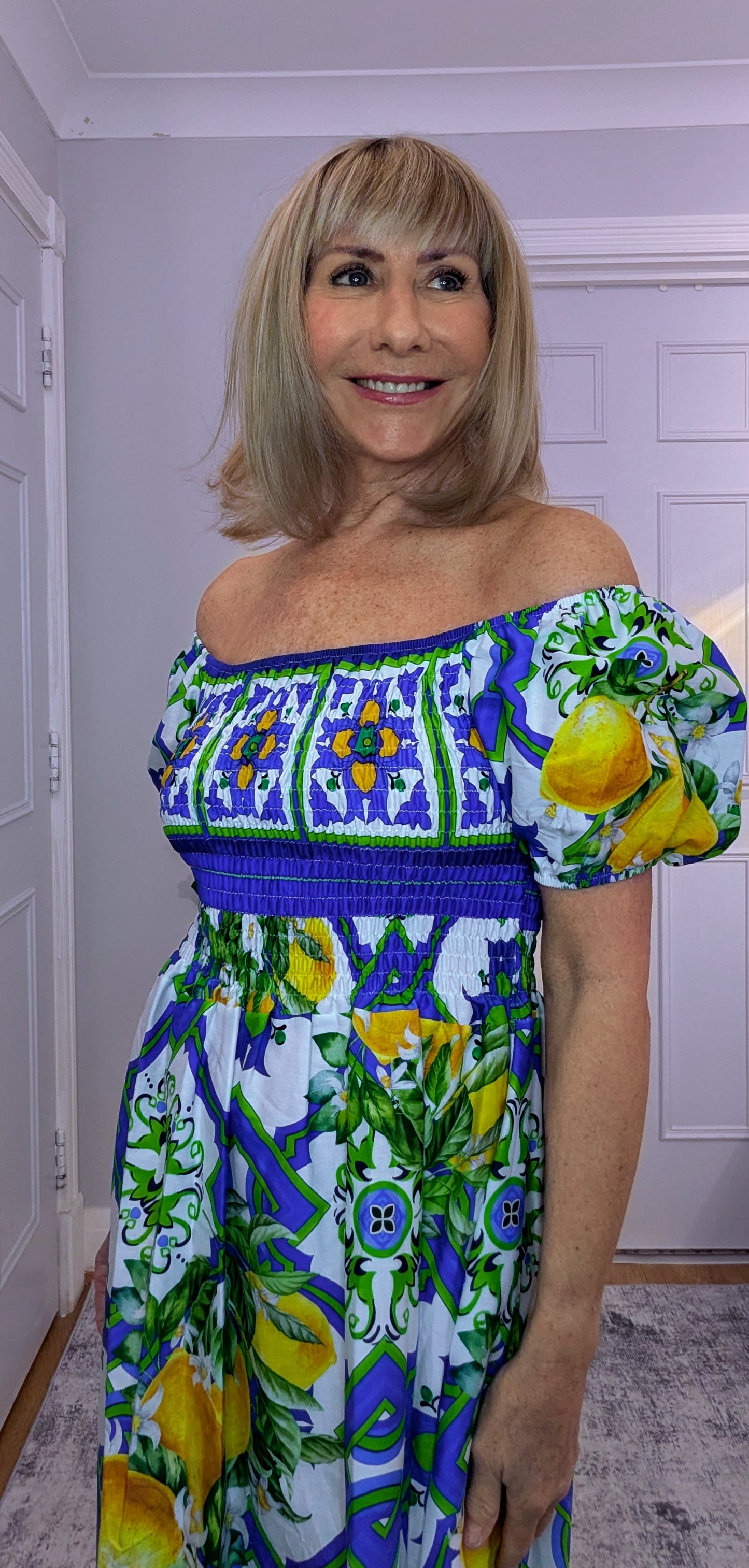 Blossom Bold Print Shirred Dresses On or Off Shoulder Blue 