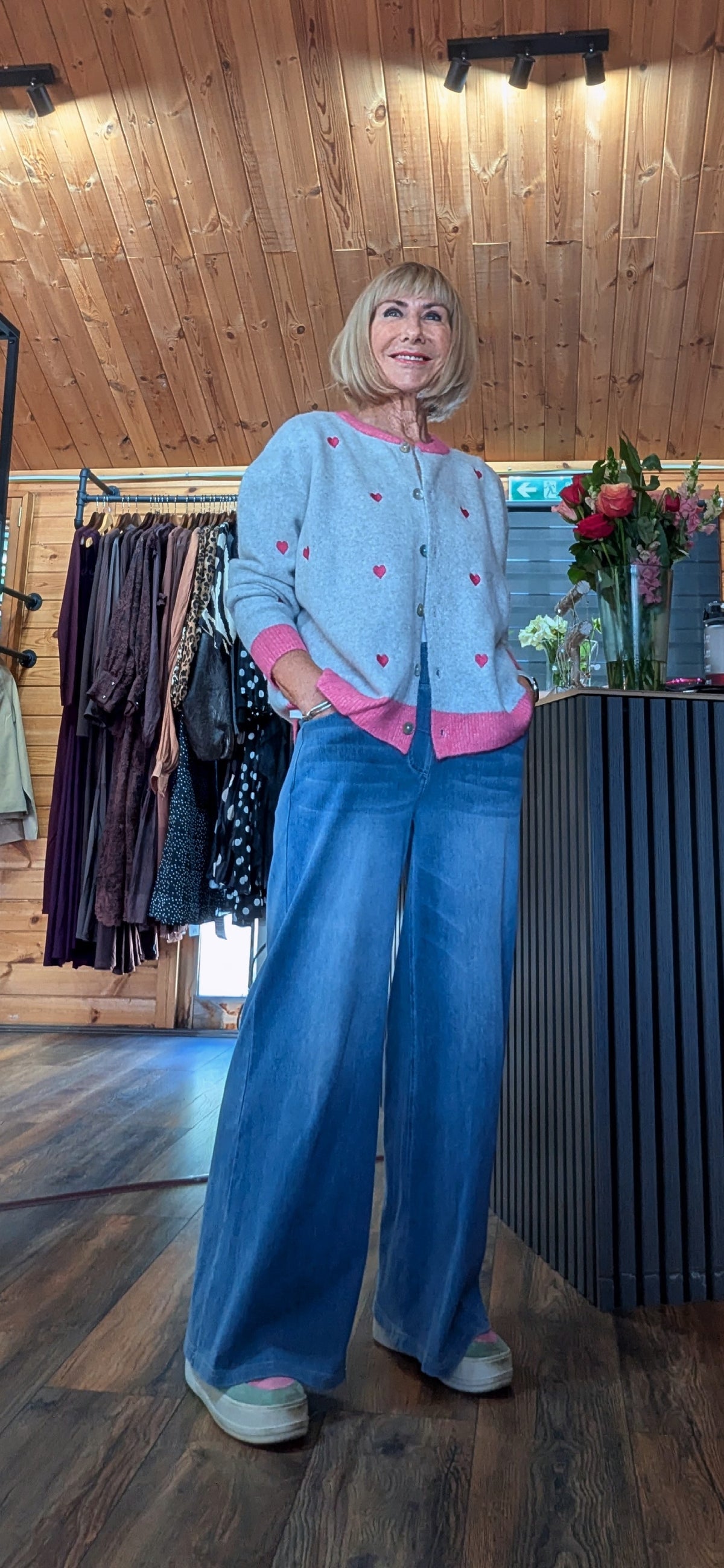 Zoe grey and pink knit cardigan with contrast hem