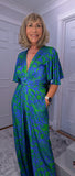Justina Tropical Green - Fuchsia -Angel Sleeve Maxi Jumpsuit with Twist Detail