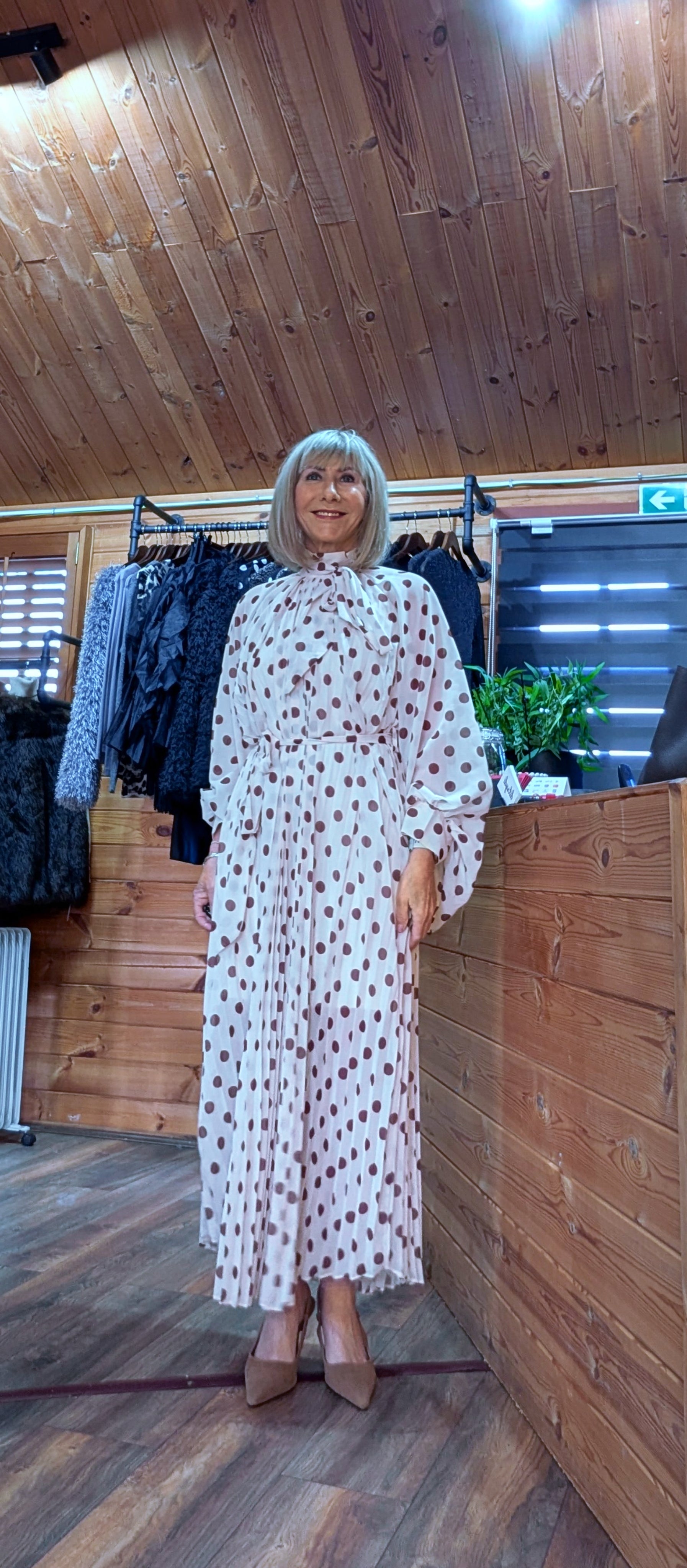 Natalya Ivory Polka Dot Pleated Dress Elegant Long Sleeve Occasion Dress