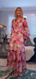 Luna Floral Crepe Maxi Dress – Pink & Green with Frill V-Neck