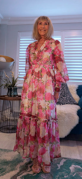 Luna Floral Crepe Maxi Dress – Pink & Green with Frill V-Neck