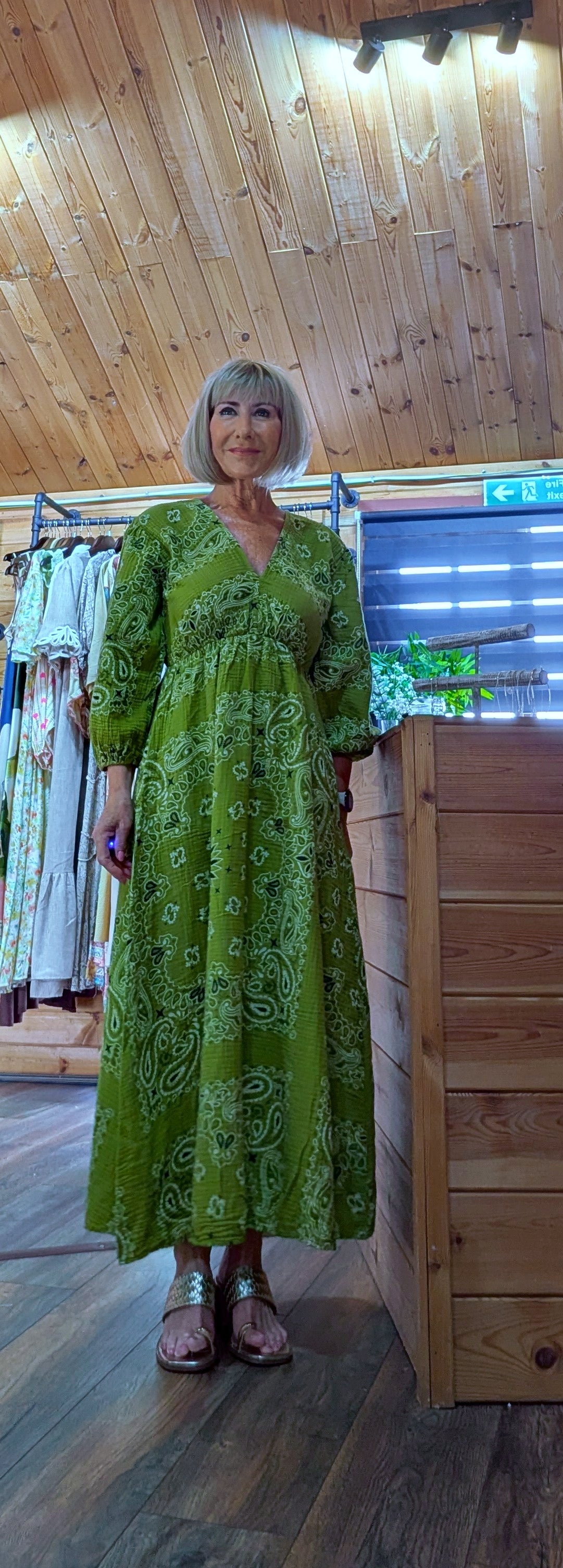 Green cotton boho style maxi dress