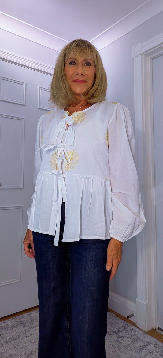 Melanie Cotton Smock Blouse in White  with Gold Embroidery
