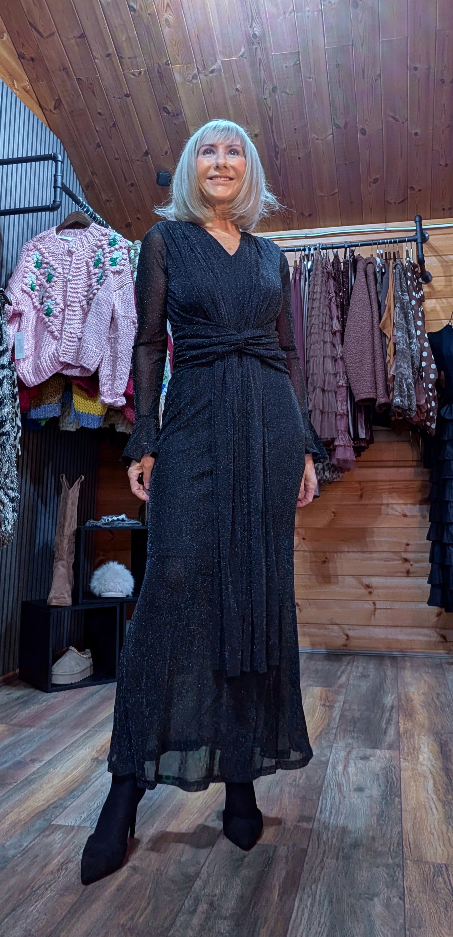 Shirley Black Glitter Mesh Dress – Draped Midi with Long Sleeves