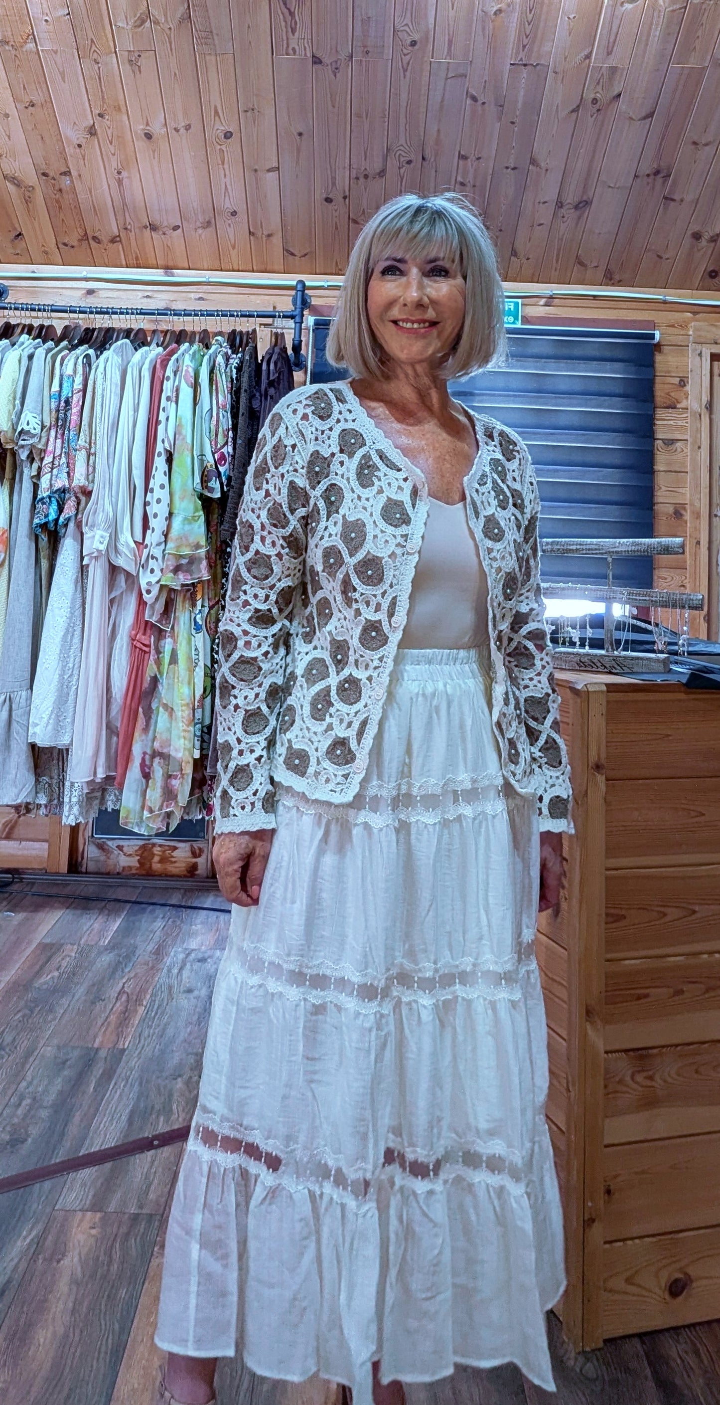 Crochet cardigan outfit with a boho skirt UK