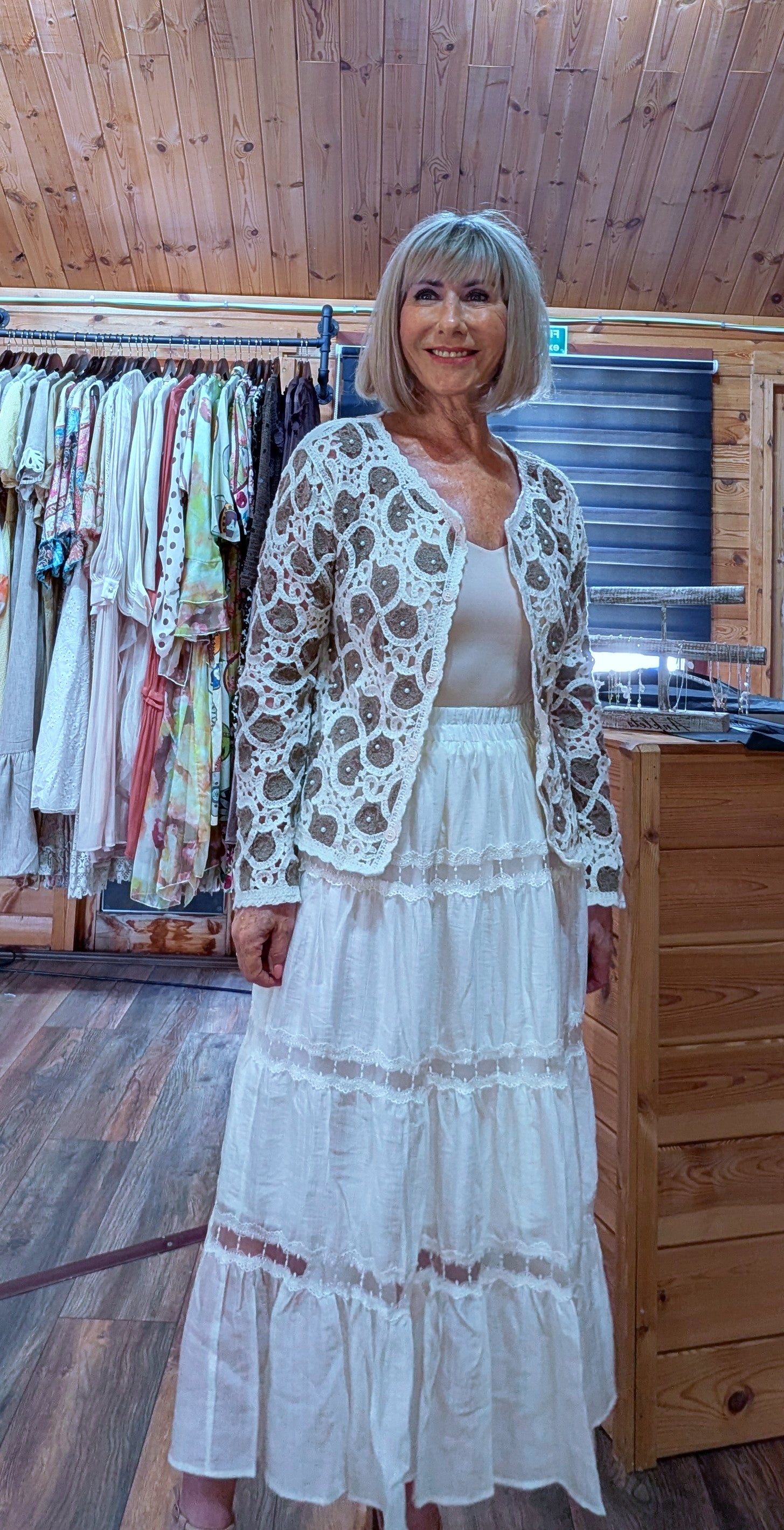 Crochet cardigan outfit with a boho skirt UK
