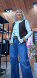 Colleen Sleeveless Cardigan – Cocoa with Ivory Border & Gold Buttons