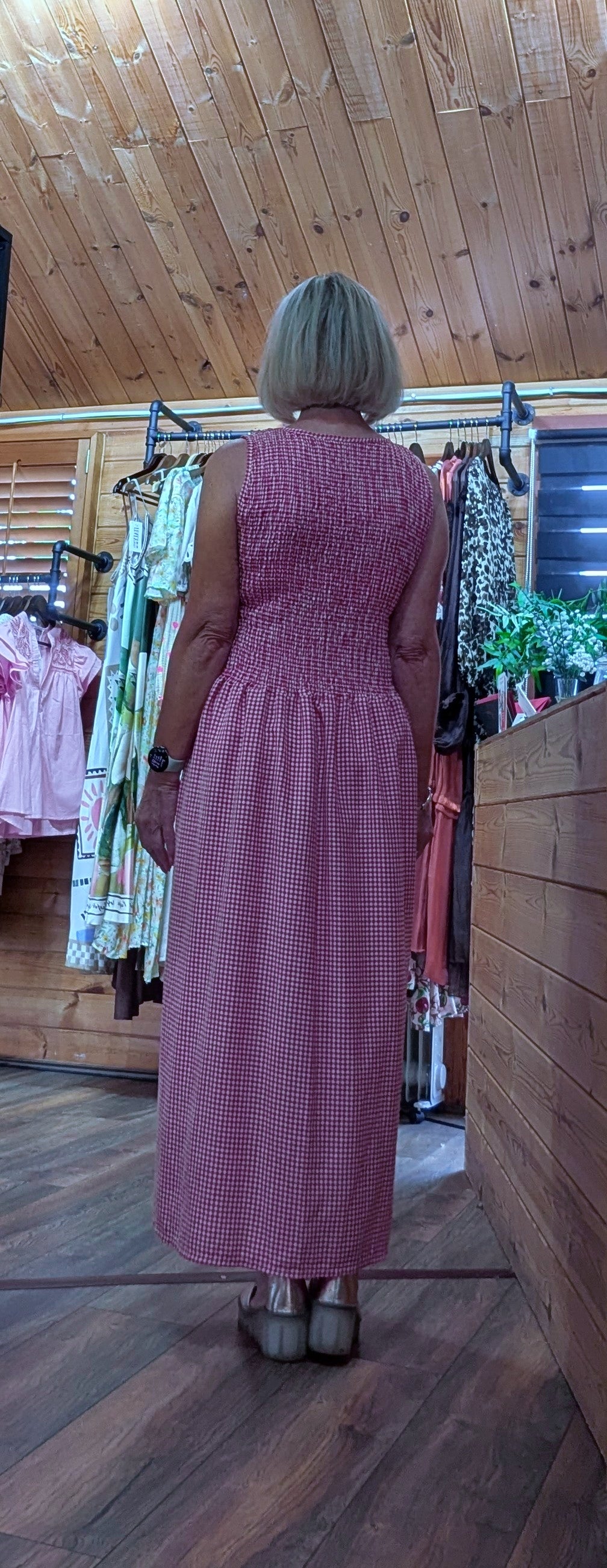 Rear view Izzy Red Gingham Shirred Dress 