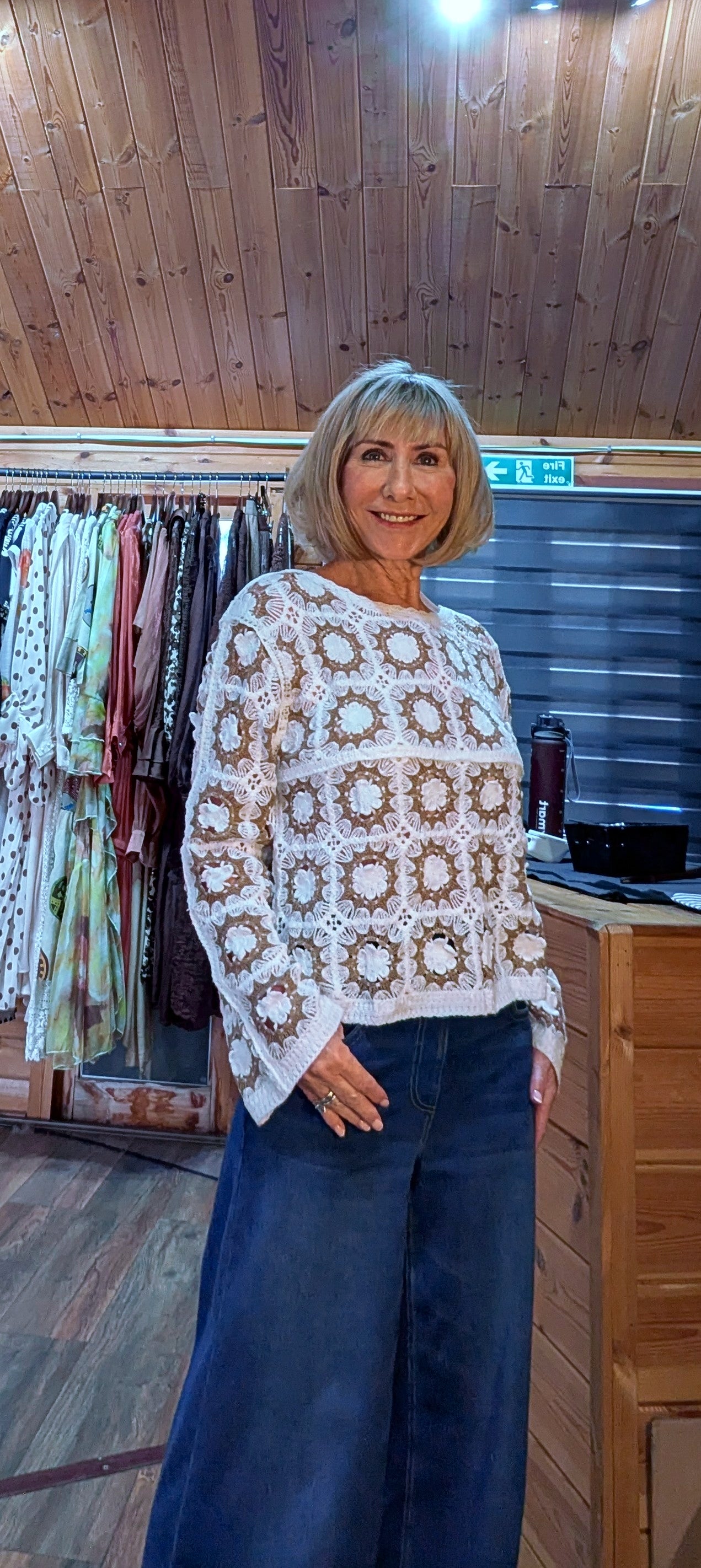 Mandy Crochet Oversized Top In Beige