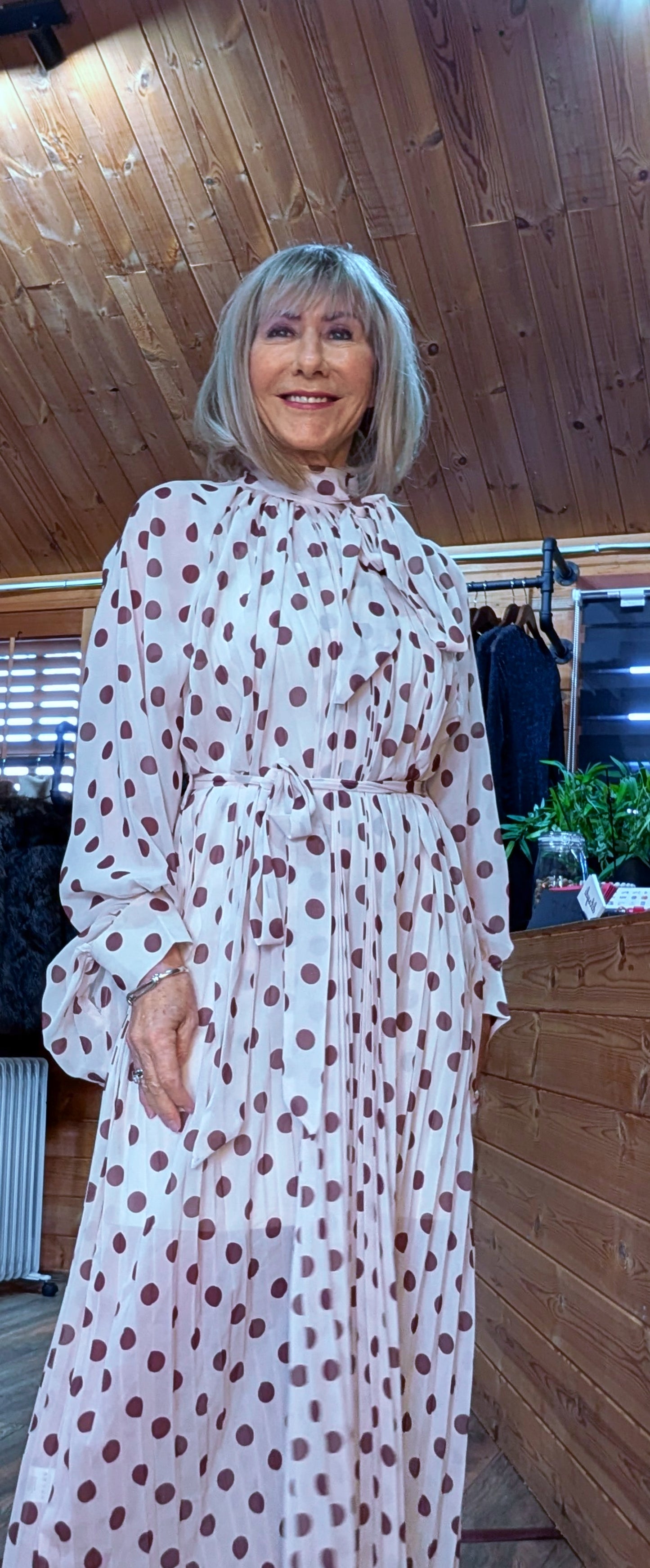 Natalya Ivory Polka Dot Pleated Dress Elegant Long Sleeve Occasion Dress
