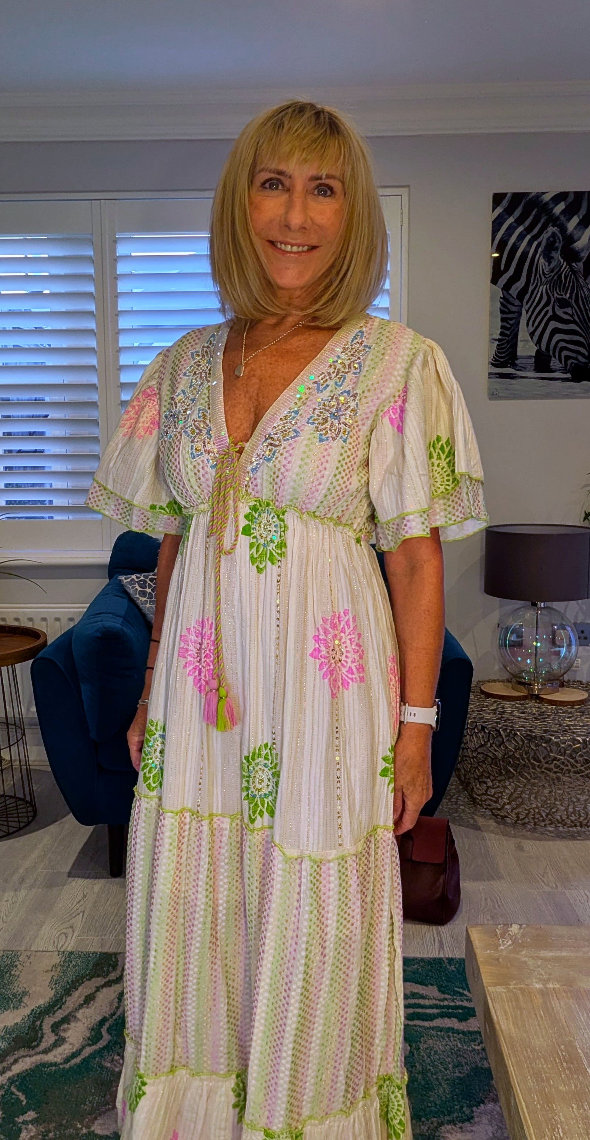 Rhea Bohemian Floral Maxi Dress In Green or Lilac Cotton