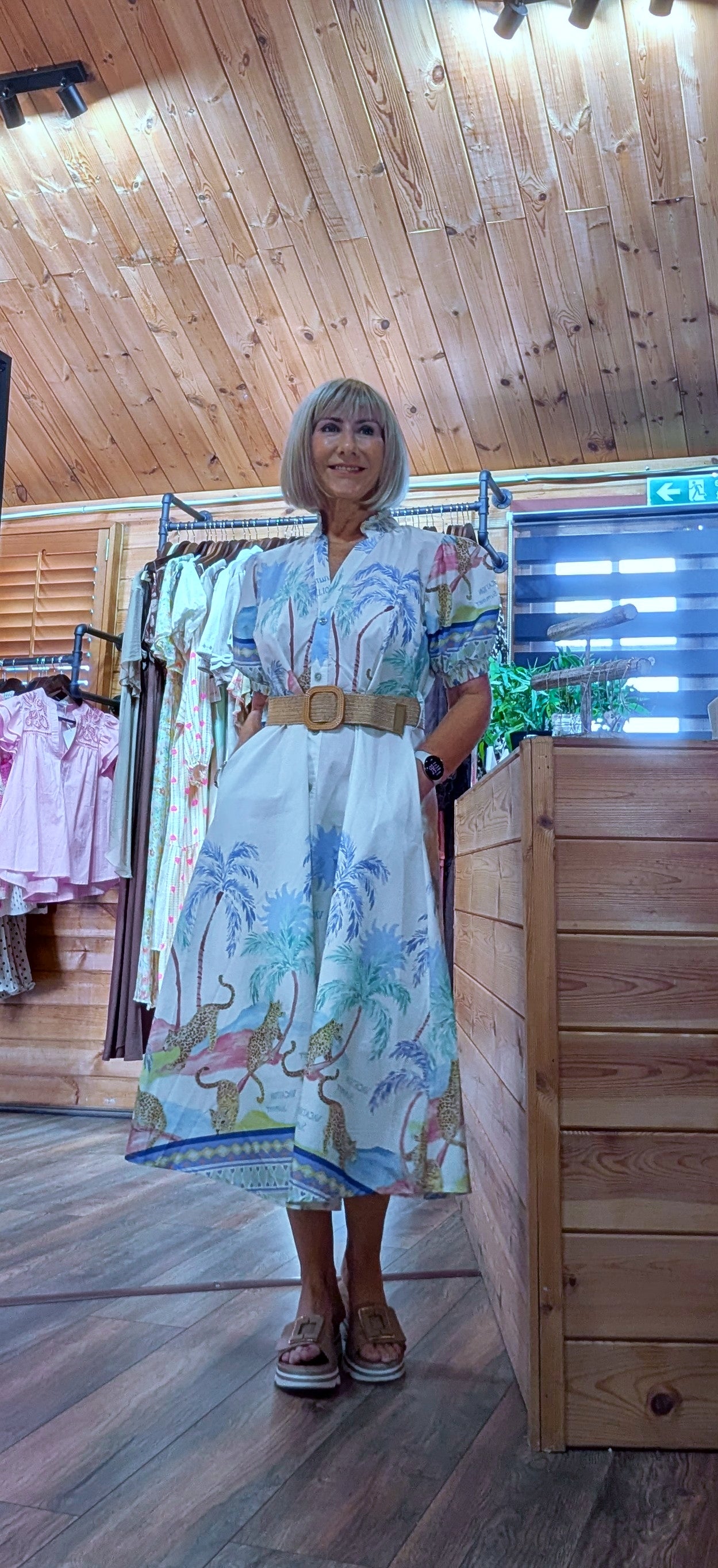 Cassia Printed Cotton Midi Dress with vibrant colourful print with puff sleeves
