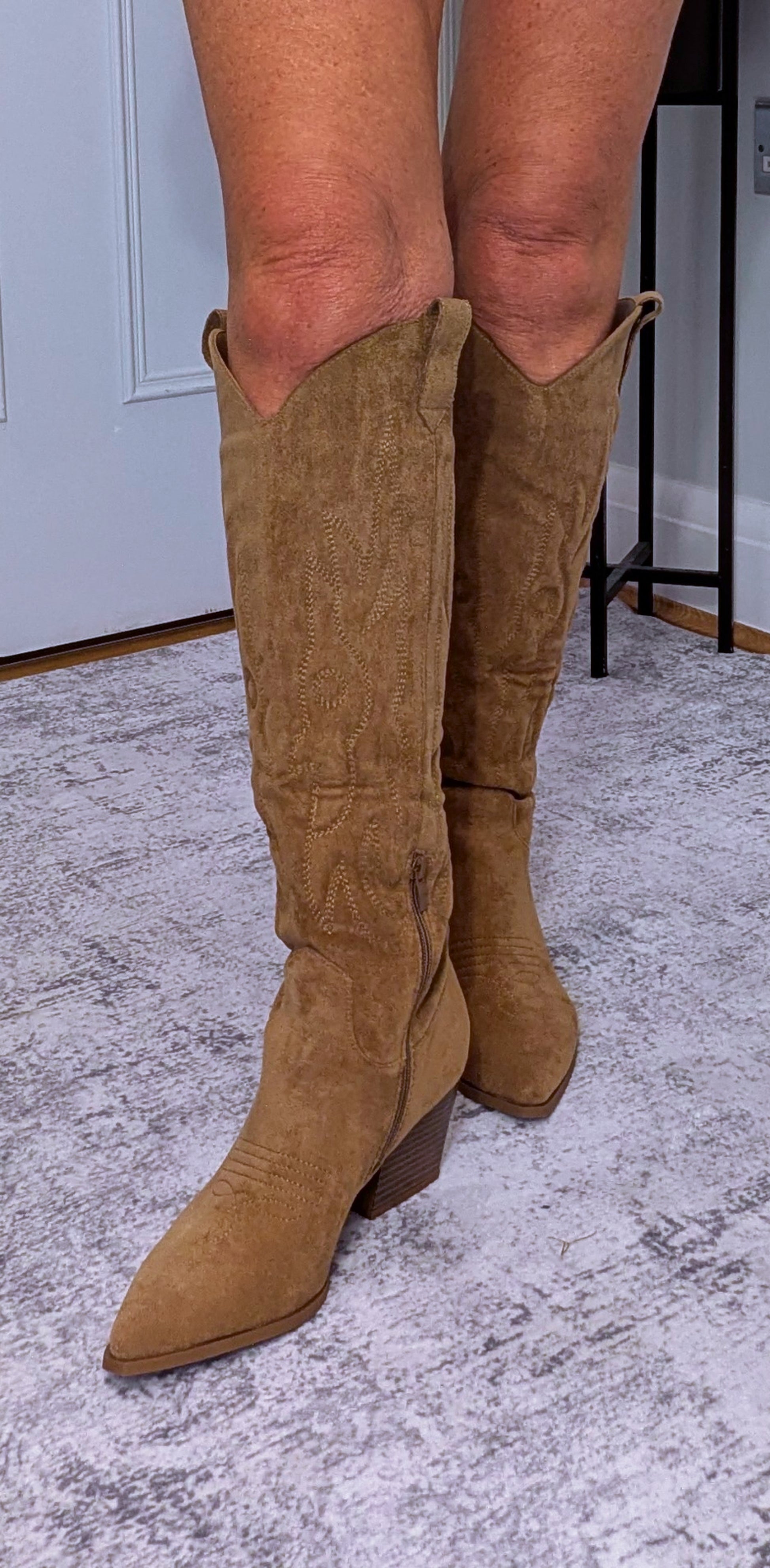 Cassidy Faux Suede Cowboy Boots – Soft Camel Western Style
