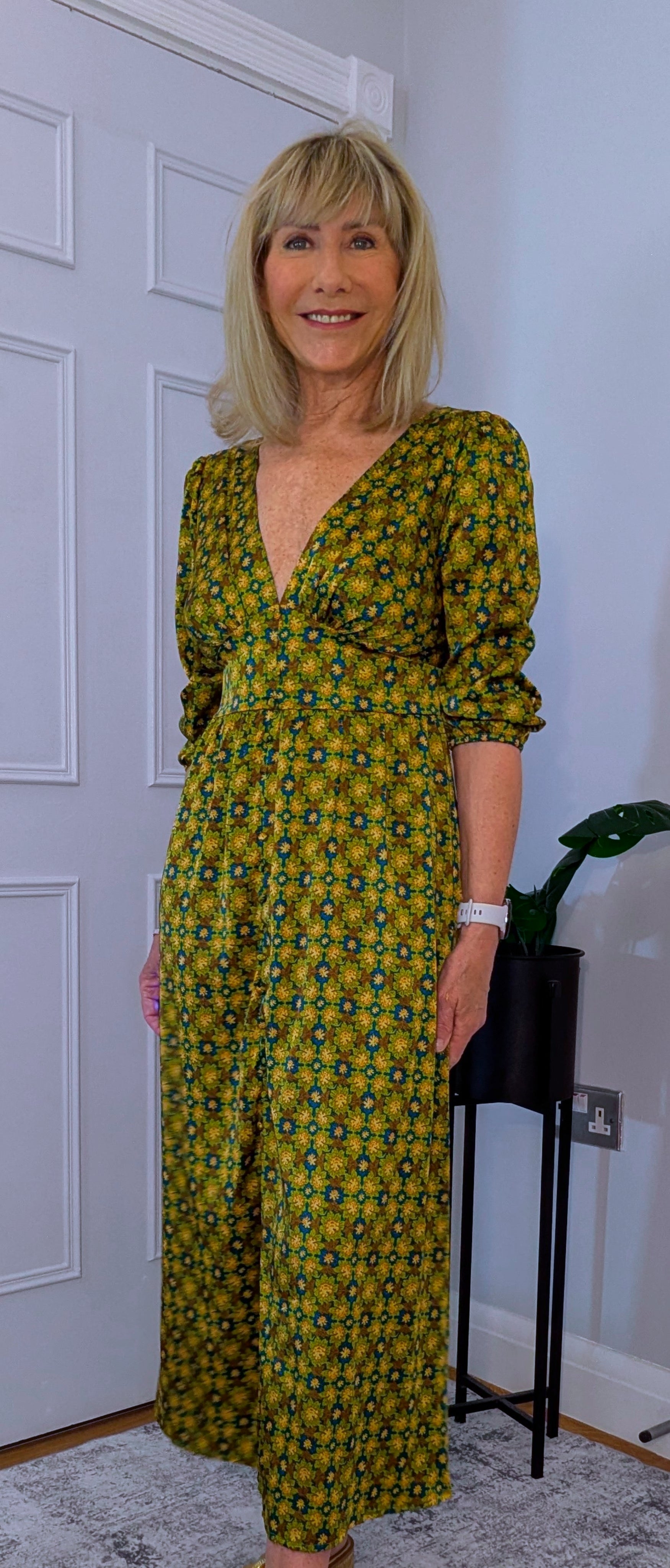 Allegra  Midi Dress in Olive Green and Gold With Tie Back