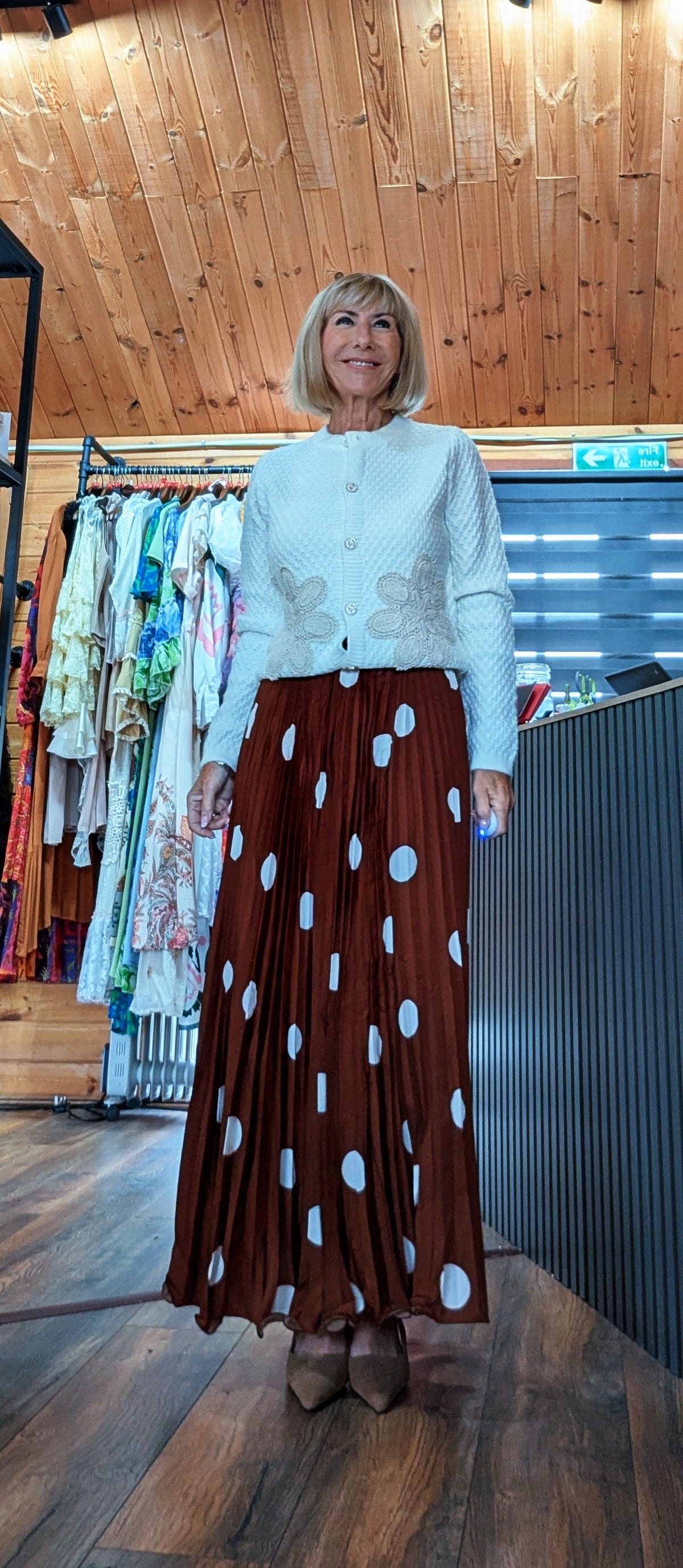 Trinny pleated maxi skirt in rust with white polka dots  sizes small to large