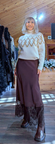 Lumine Chocolate Satin Slip Skirt – Lace Frill Hem