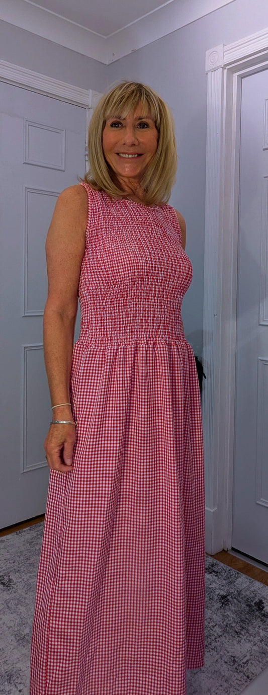Izzy Red Gingham Shirred Sleeveless Midi dress
