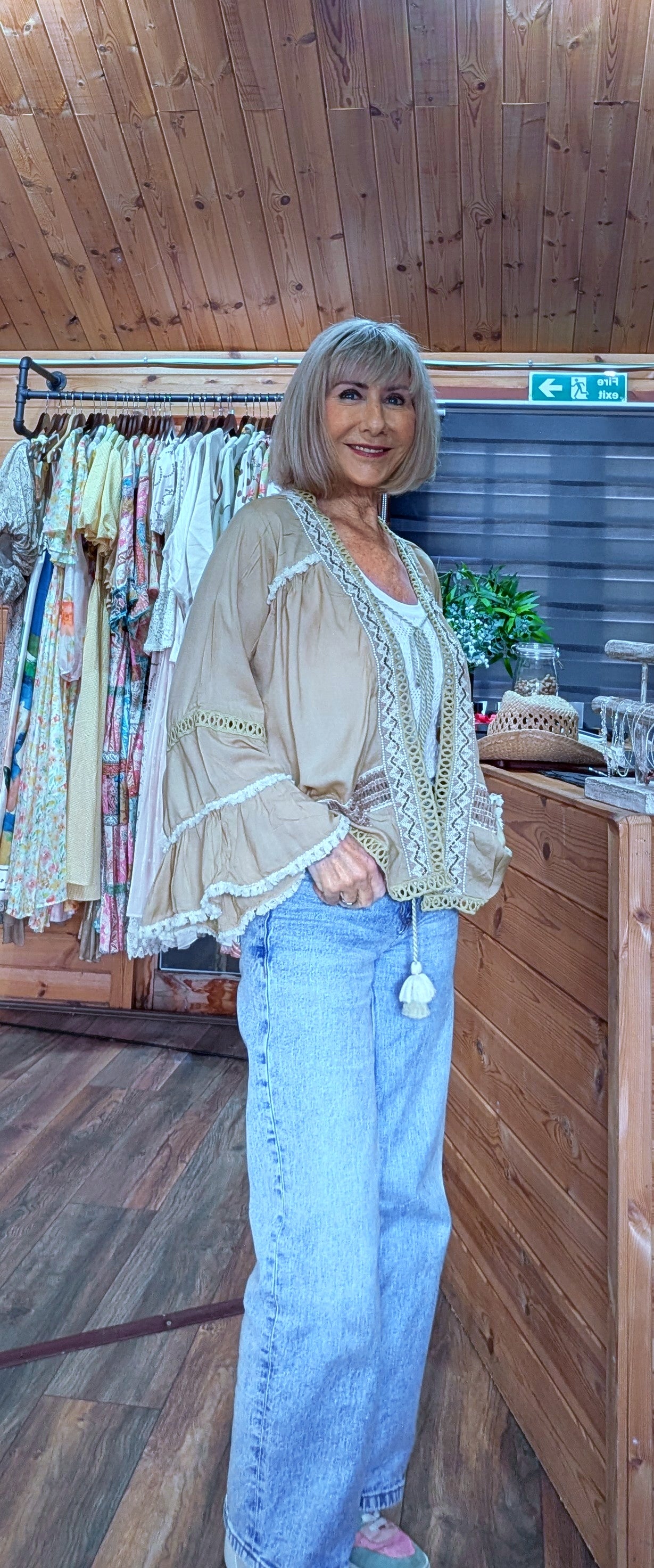 Alma viscose blouse styled with cream wide leg jeans