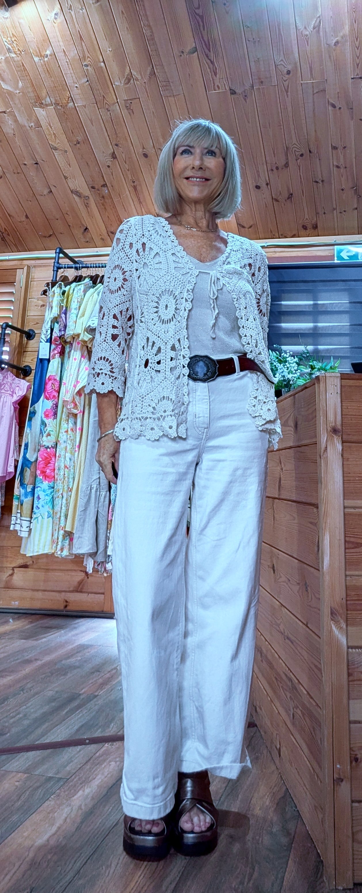 Farrah Cotton Crochet Cardigan  worn with wide leg jeans