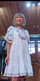 Bo Smocked Linen Cotton Dress White with Pink and Blue Embroidery