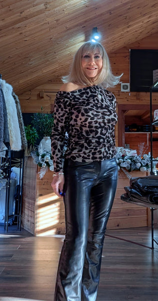 Wisty Grey Animal Print Jersey Slash Neck Top