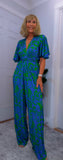 Justina Tropical Green - Fuchsia -Angel Sleeve Maxi Jumpsuit with Twist Detail