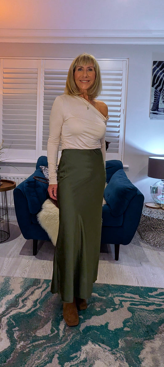Paris Satin Feel Skirt –  Olive Green Bias Cut