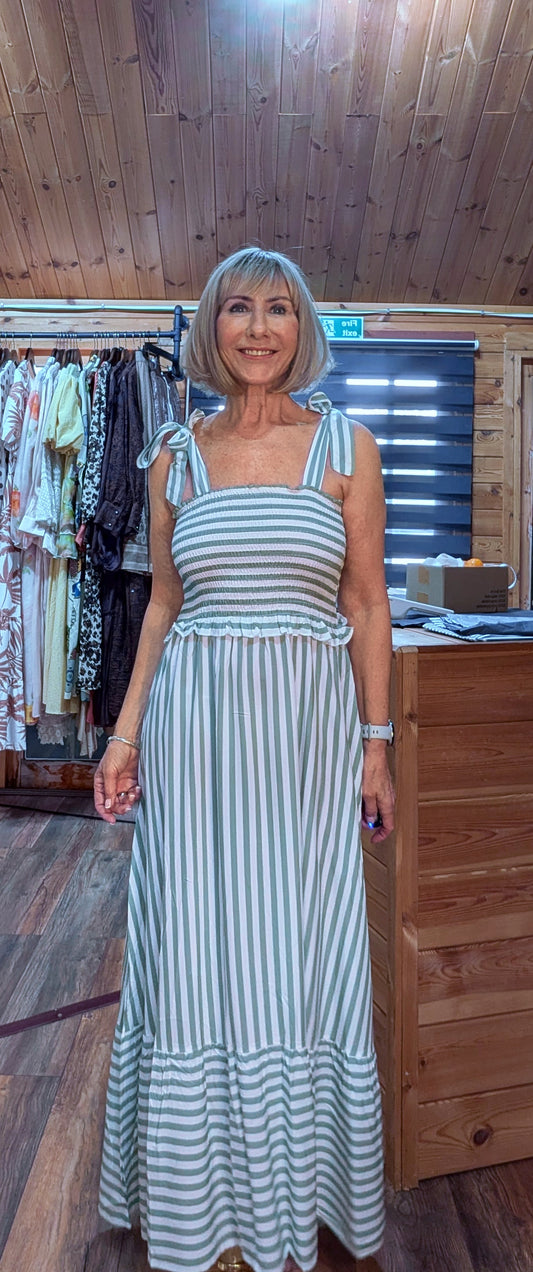 Aurora green striped viscose midi dress styled by ditsydi
