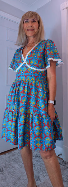 Codie Cotton Knee-Length Dress – Turquoise & Terracotta Boho Print