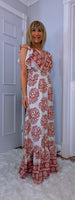 Nolan Boho Maxi Dress –Pink & Ecru, Flutter Sleeves, Elasticated Waist